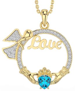 Diamond Topaz Gold Silver Claddagh Angel Love Necklace