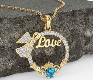 Diamond Topaz Gold Silver Claddagh Angel Love Necklace