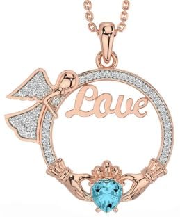 Diamond Aquamarine Rose Gold Claddagh Angel Love Necklace