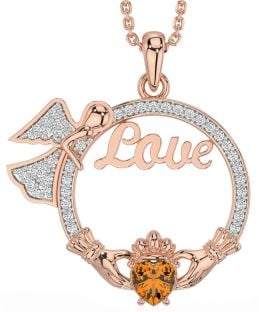 Diamond Citrine Rose Gold Claddagh Angel Love Necklace