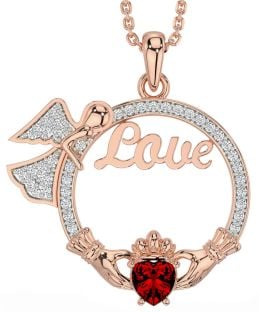 Diamond Garnet Rose Gold Claddagh Angel Love Necklace