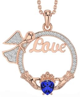 Diamond Sapphire Rose Gold Claddagh Angel Love Necklace
