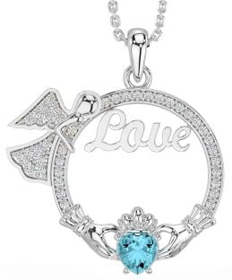 Diamond Aquamarine Silver Claddagh Angel Love Necklace