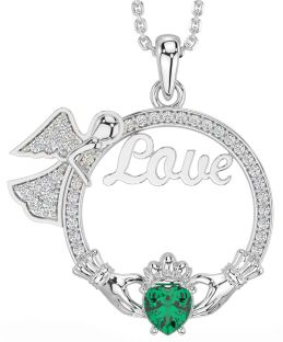 Diamond Emerald Silver Claddagh Angel Love Necklace