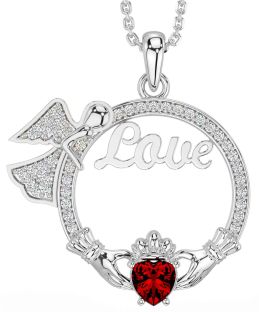 Diamond Garnet Silver Claddagh Angel Love Necklace