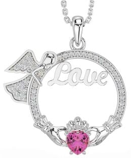 Diamond Pink Tourmaline Silver Claddagh Angel Love Necklace
