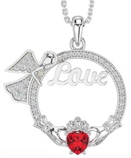 Diamond Ruby Silver Claddagh Angel Love Necklace