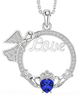 Diamond Sapphire Silver Claddagh Angel Love Necklace