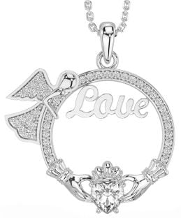 Diamond White Gold Claddagh Angel Love Necklace