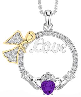 Diamond Amethyst White Yellow Gold Claddagh Angel Love Necklace