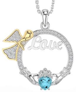 Diamond Aquamarine White Yellow Gold Claddagh Angel Love Necklace