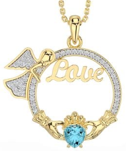 Diamond Aquamarine Gold Claddagh Angel Love Necklace