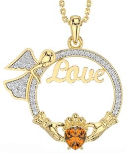 Diamond Citrine Gold Claddagh Angel Love Necklace