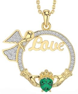 Diamond Emerald Gold Claddagh Angel Love Necklace
