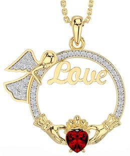 Diamond Garnet Gold Claddagh Angel Love Necklace