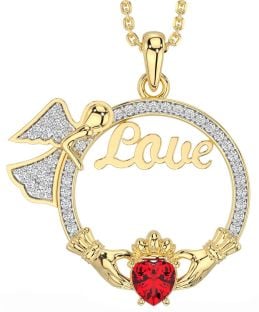 Diamond Ruby Gold Claddagh Angel Love Necklace