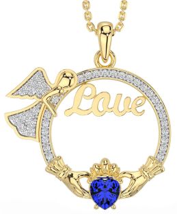 Diamond Sapphire Gold Claddagh Angel Love Necklace