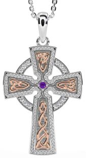 Diamond Amethyst Rose Gold Silver Celtic Cross Knot Necklace