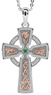 Diamond Emerald Rose Gold Silver Celtic Cross Knot Necklace