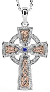 Diamond Sapphire Rose Gold Silver Celtic Cross Knot Necklace