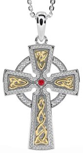 Diamond Ruby Gold Silver Celtic Cross Knot Necklace