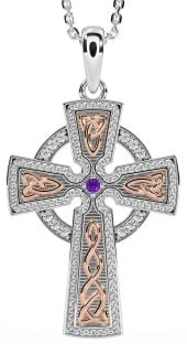 Diamond Amethyst White Rose Gold Celtic Cross Knot Necklace