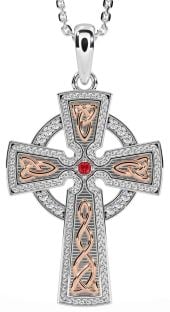 Diamond Ruby White Rose Gold Celtic Cross Knot Necklace