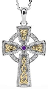 Diamond Amethyst White Yellow Gold Celtic Cross Knot Necklace