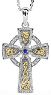 Diamond Sapphire White Yellow Gold Celtic Cross Knot Necklace