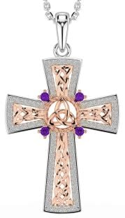 Amethyst Rose Gold Silver Celtic Cross Trinity Knot Necklace