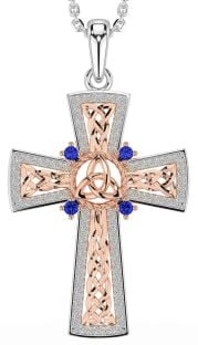 Sapphire Rose Gold Silver Celtic Cross Trinity Knot Necklace