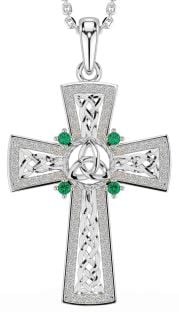 Emerald Silver Celtic Cross Trinity Knot Necklace