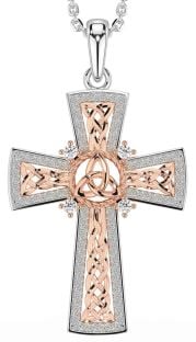 Diamond Rose Gold Silver Celtic Cross Trinity Knot Necklace