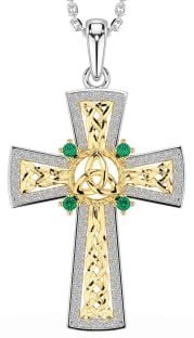 Emerald Gold Silver Celtic Cross Trinity Knot Necklace