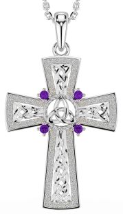 Amethyst White Gold Celtic Cross Trinity Knot Necklace