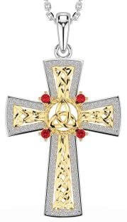 Ruby White Yellow Gold Celtic Cross Trinity Knot Necklace