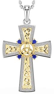 Sapphire White Yellow Gold Celtic Cross Trinity Knot Necklace