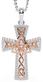 Diamond Rose Gold Silver Celtic Cross Trinity Knot Necklace