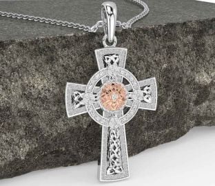 Diamond Rose Gold Silver Celtic Warrior Cross Necklace