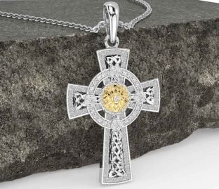 Diamond White Yellow Gold Celtic Warrior Cross Necklace