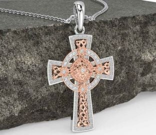 Diamond White Rose Gold Celtic Warrior Cross Necklace