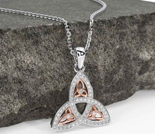 Diamond Rose Gold Silver Celtic Trinity Knot Necklace