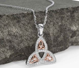 Diamond Rose Gold Silver Celtic Trinity Knot Necklace