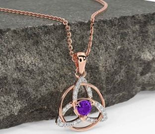 Diamond Amethyst Rose Gold Silver Celtic Trinity Knot Necklace
