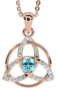 Diamond Aquamarine Rose Gold Silver Celtic Trinity Knot Necklace