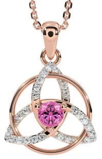 Diamond Pink Tourmaline Rose Gold Silver Celtic Trinity Knot Necklace