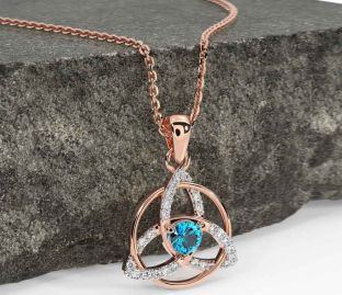 Diamond Topaz Rose Gold Silver Celtic Trinity Knot Necklace