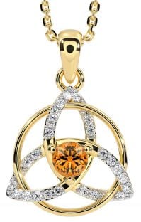 Diamond Citrine Gold Silver Celtic Trinity Knot Necklace