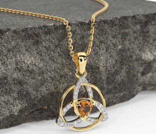 Diamond Citrine Gold Silver Celtic Trinity Knot Necklace