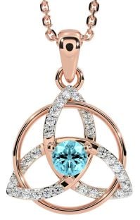 Diamond Aquamarine Rose Gold Celtic Trinity Knot Necklace